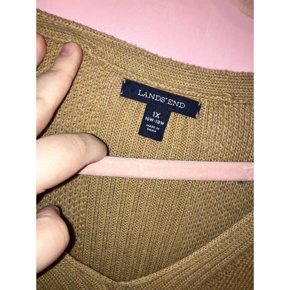 Lands’ End 1X Textured Knit V-Neck Sweater Camel Tan Long Sleeve Pullover - Picture 2 of 3
